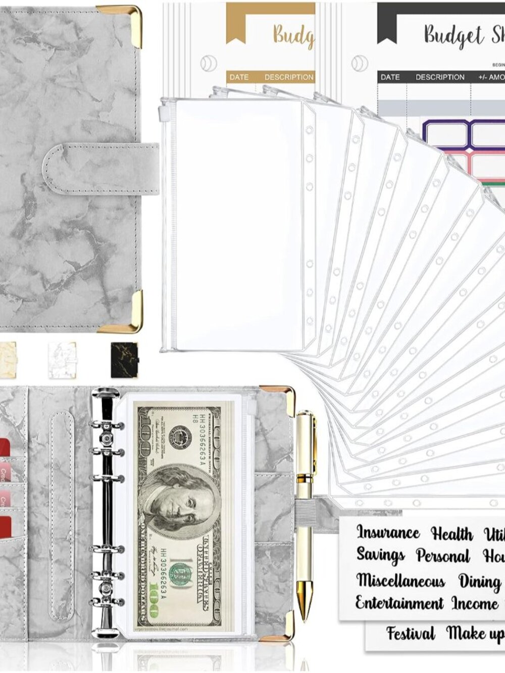 Budget Binder with Cash Envelopes, 28Pcs Marble 6Ring Saving Binder Grey